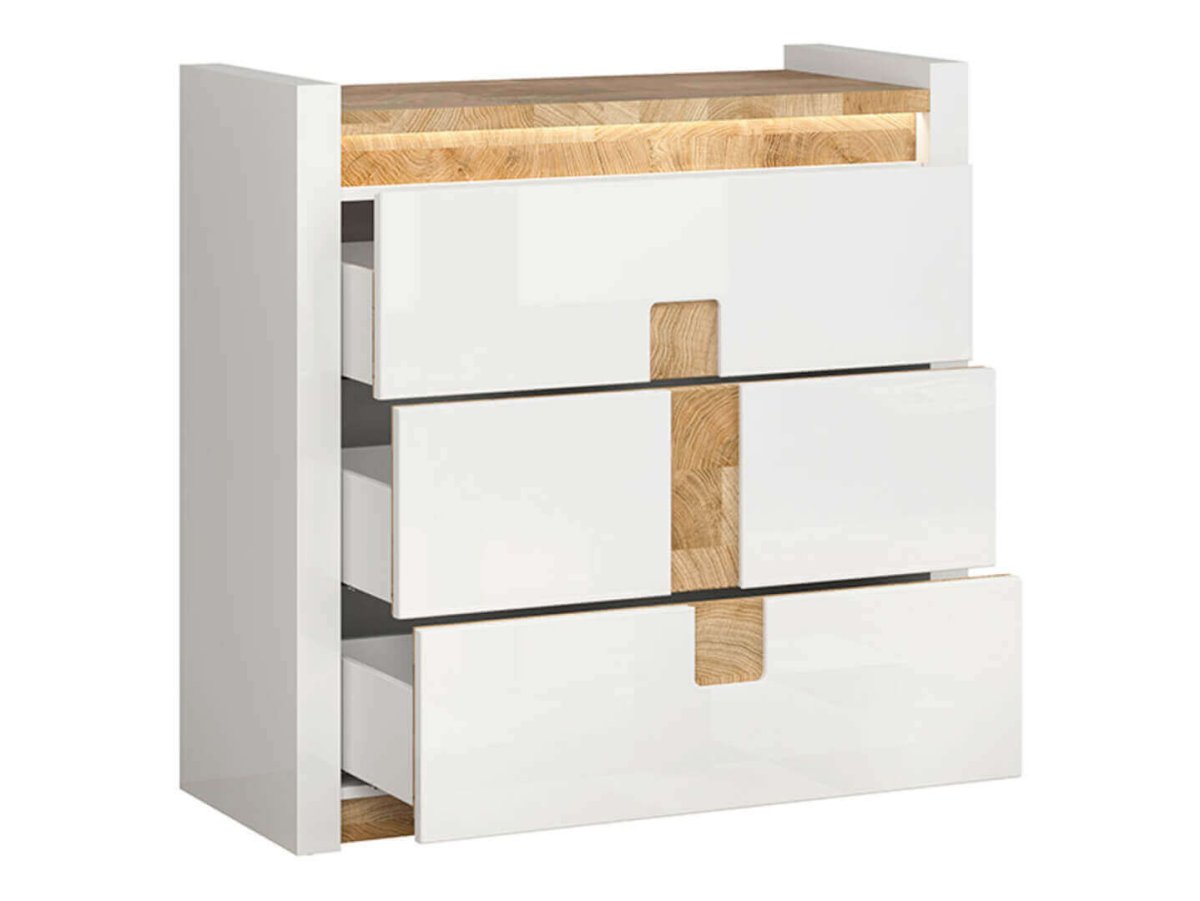 ALAMEDA BRW KOM3S 3 Drawer High Gloss LED BLACK RED WHITE Chest of Drawers-White Gloss / Westminster Oak