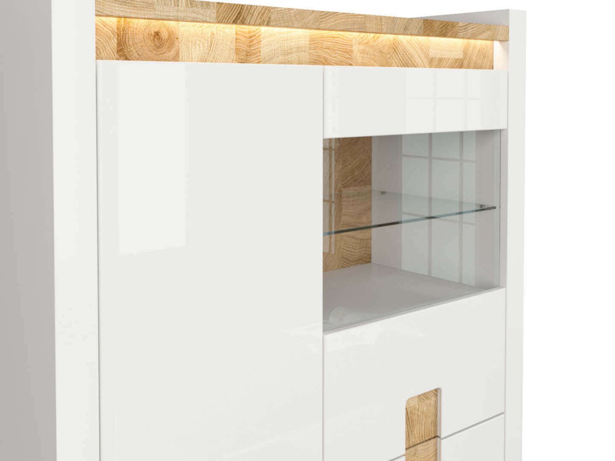 ALAMEDA BRW REG1W1D2S 2 Door 2 Drawer Glass Fronted BLACK RED WHITE Display Cabinet-White Gloss / Westminster Oak