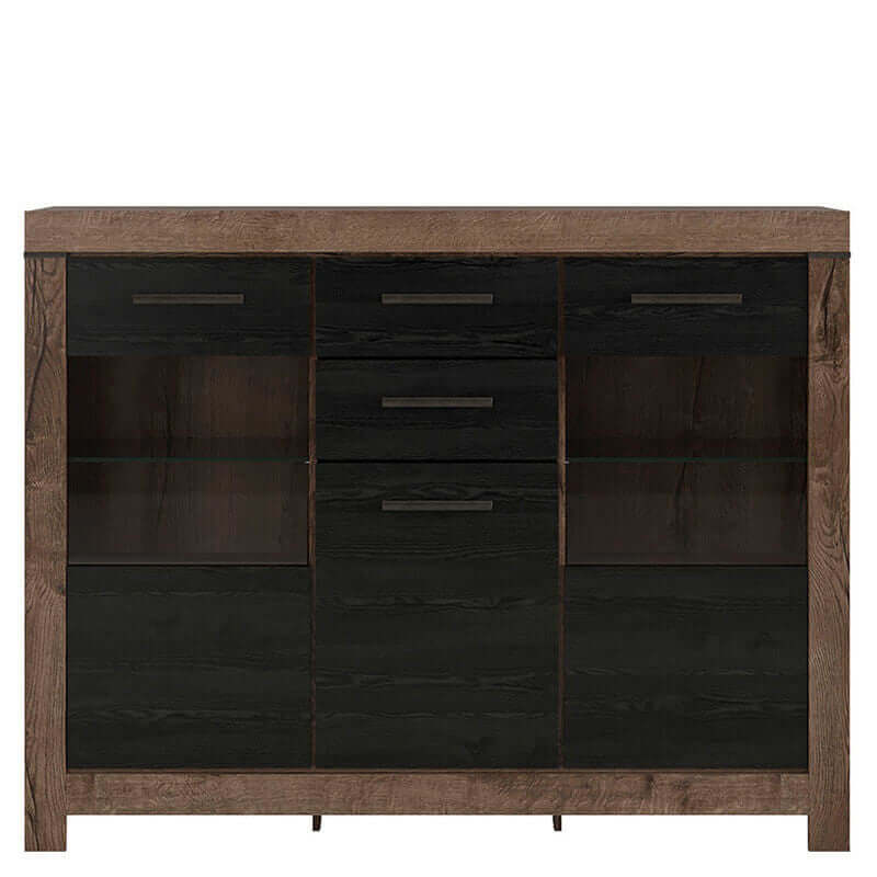 BALIN BRW KOM1D2W2S 2 Drawer 3 Door Glass Fronted BLACK RED WHITE Sideboard-Monastery Oak / Black Oak