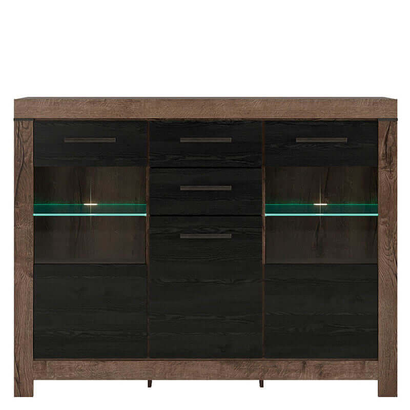 BALIN BRW KOM1D2W2S 2 Drawer 3 Door Glass Fronted BLACK RED WHITE Sideboard-Monastery Oak / Black Oak