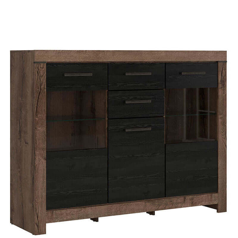 BALIN BRW KOM1D2W2S 2 Drawer 3 Door Glass Fronted BLACK RED WHITE Sideboard-Monastery Oak / Black Oak