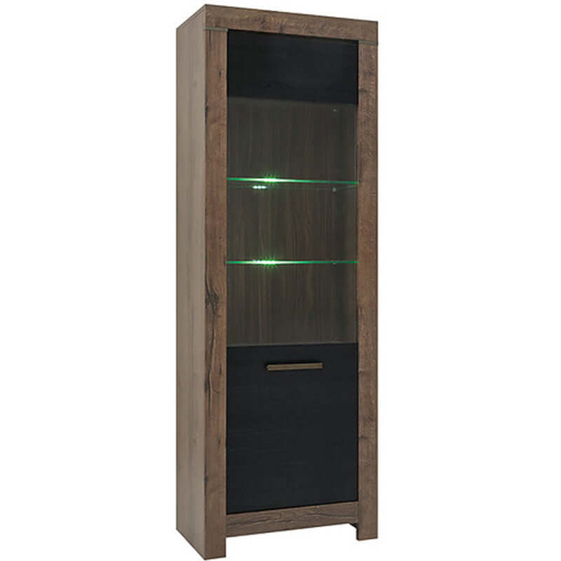 BALIN BRW REG1W 1 Door Glass Fronted LED BLACK RED WHITE Display Cabinet-Monastery Oak / Black Oak