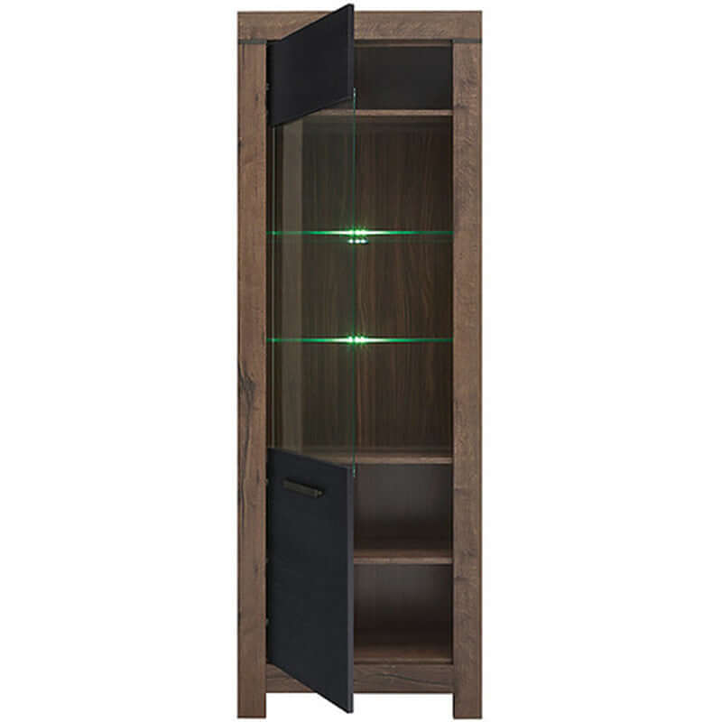 BALIN BRW REG1W 1 Door Glass Fronted LED BLACK RED WHITE Display Cabinet-Monastery Oak / Black Oak