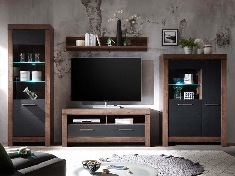 BALIN BRW Wall Unit LED BLACK RED WHITE Furniture Set-Monastery Oak / Black Oak