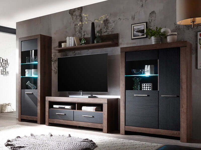 BALIN BRW Wall Unit LED BLACK RED WHITE Furniture Set-Monastery Oak / Black Oak