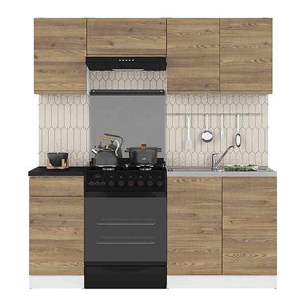 JUNONA LINE 180 BBL Sibiu Gold Larch BLACK RED WHITE Kitchen Furniture Set-White / Sibiu Gold Larch