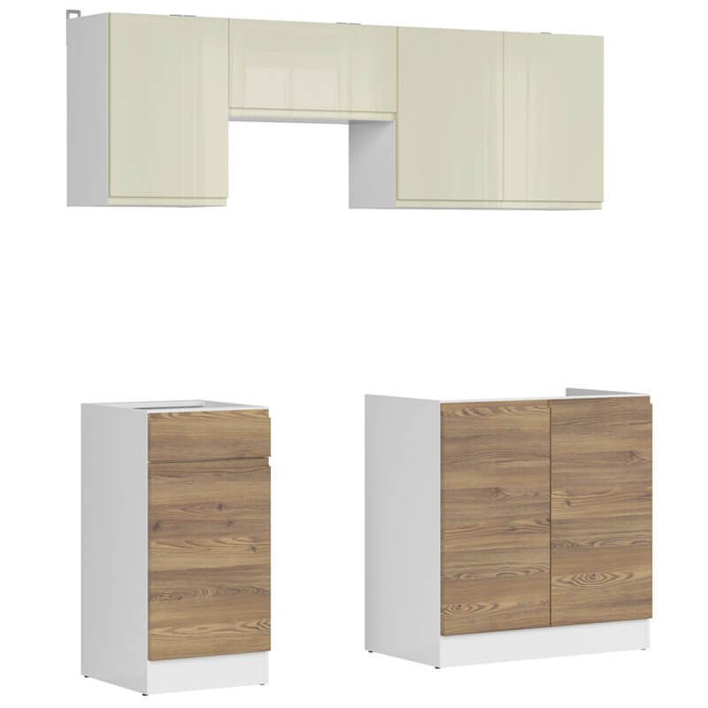 JUNONA LINE 180 BBL Sibiu Gold Larch / Vanilla Gloss BLACK RED WHITE Kitchen Furniture Set-White / Sibiu Gold Larch / Vanilla Gloss