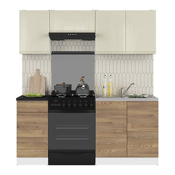 JUNONA LINE 180 BBL Sibiu Gold Larch / Vanilla Gloss BLACK RED WHITE Kitchen Furniture Set-White / Sibiu Gold Larch / Vanilla Gloss