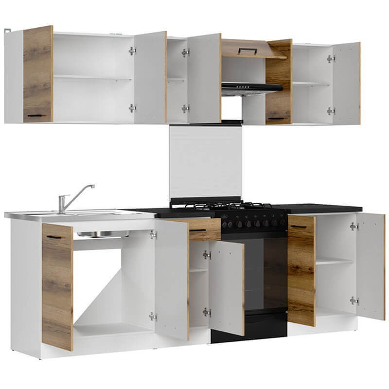 JUNONA LINE 240 BBL Light Delano Oak BLACK RED WHITE Kitchen Furniture Set-White / Light Delano Oak