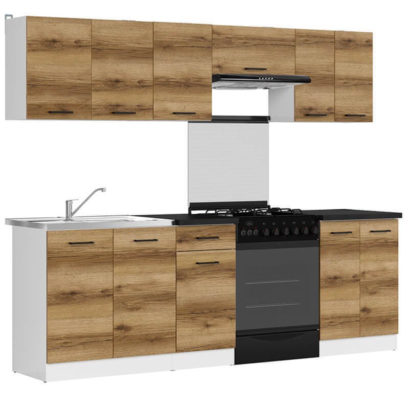 JUNONA LINE 240 BBL Light Delano Oak BLACK RED WHITE Kitchen Furniture Set-White / Light Delano Oak