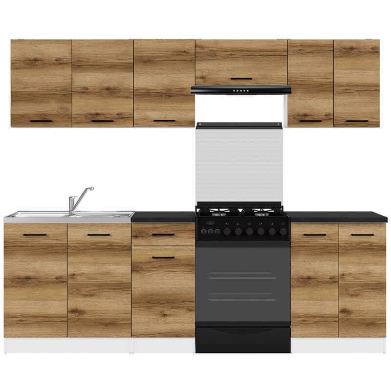 JUNONA LINE 240 BBL Light Delano Oak BLACK RED WHITE Kitchen Furniture Set-White / Light Delano Oak