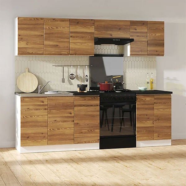 JUNONA LINE 240 BBL Sibiu Gold Larch BLACK RED WHITE Kitchen Furniture Set-White / Sibiu Gold Larch