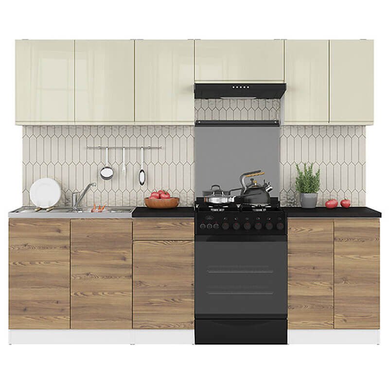 JUNONA LINE 240 BBL Sibiu Gold Larch / Vanilla Gloss BLACK RED WHITE Kitchen Furniture Set-White / Sibiu Gold Larch / Vanilla Gloss