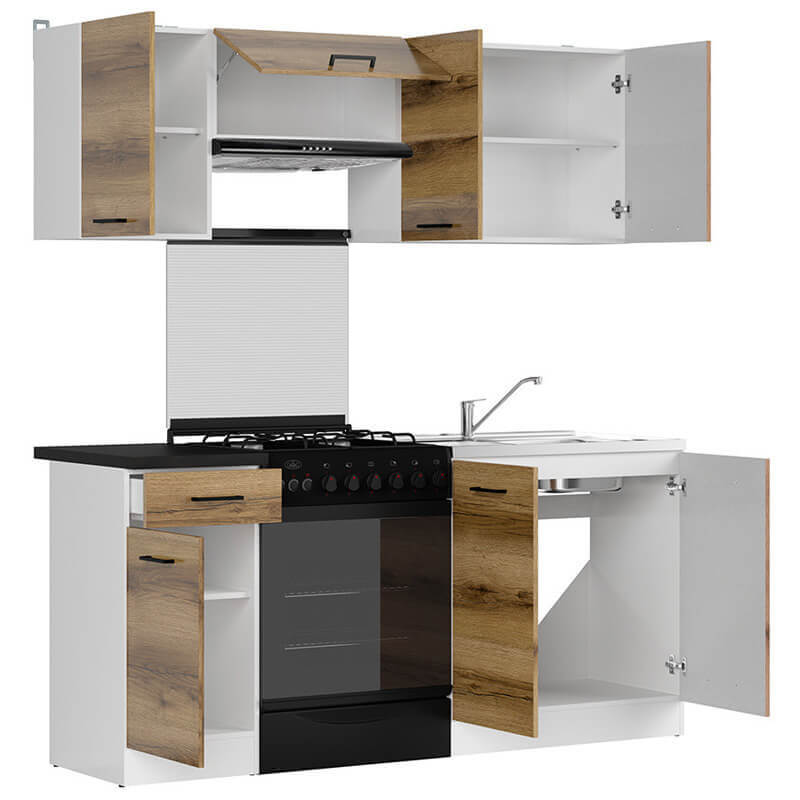 JUNONA LINE BRW 180 Light Delano Oak BLACK RED WHITE Kitchen Furniture Set-White / Light Delano Oak / Black