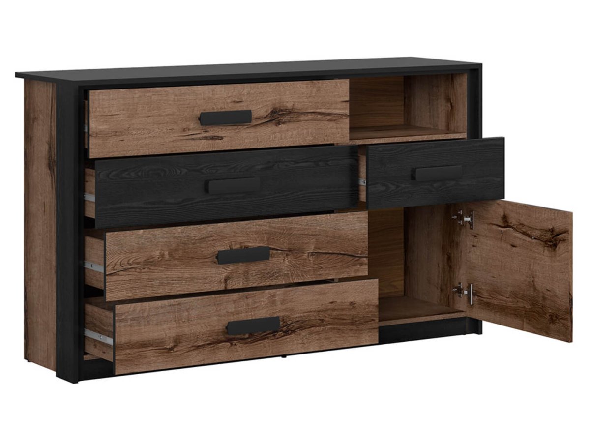 KASSEL BRW KOM1D5S 1 Door 5 Drawer BLACK RED WHITE Sideboard-Monastery Oak / Black Oak