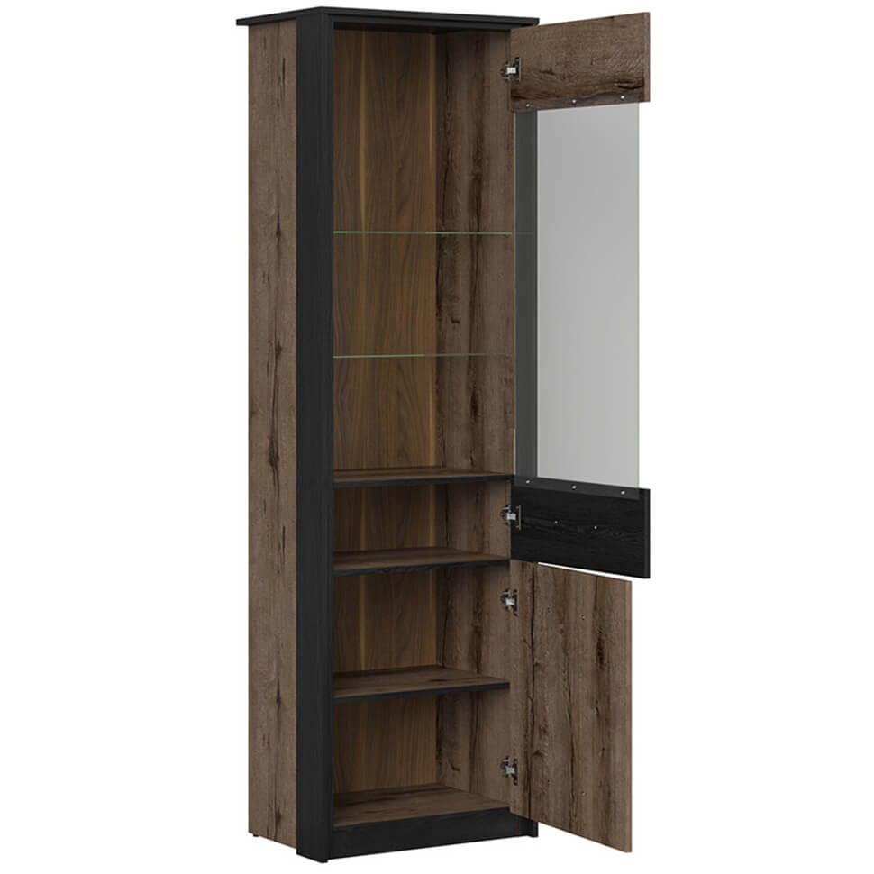 KASSEL BRW REG1D1W 2 Door Glass Fronted BLACK RED WHITE Display Cabinet-Monastery Oak / Black Oak