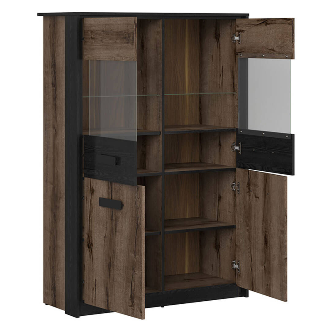 KASSEL BRW REG2D2W 4 Door Glass Fronted BLACK RED WHITE Display Cabinet-Monastery Oak / Black Oak