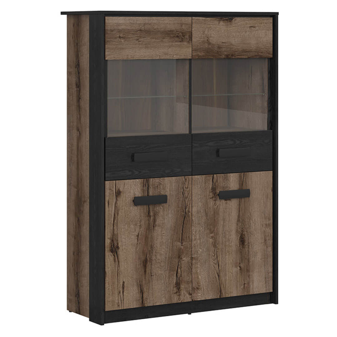 KASSEL BRW REG2D2W 4 Door Glass Fronted BLACK RED WHITE Display Cabinet-Monastery Oak / Black Oak