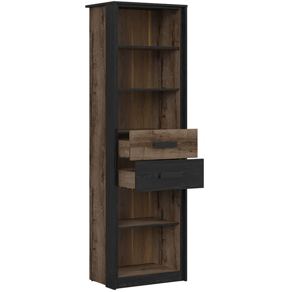 KASSEL BRW REG2S 2 Drawer BLACK RED WHITE Bookcase-Monastery Oak / Black Oak