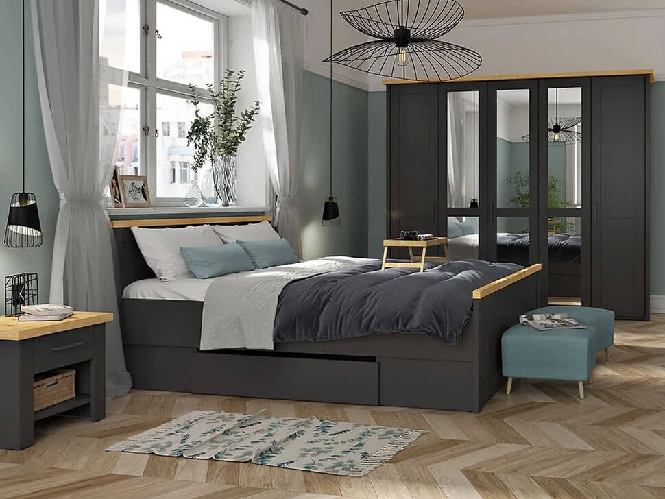 LOCARNO BRW Sleeping Room BLACK RED WHITE Bedroom Furniture Set - Graphite / Artisan Oak