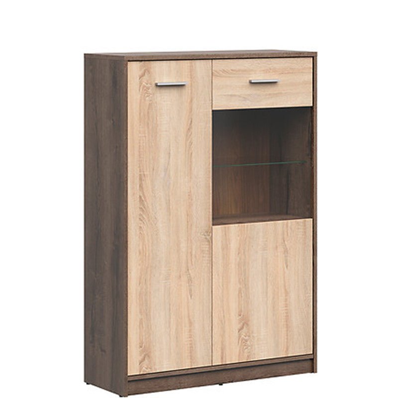 NEPO PLUS BRW REG1D1W/90 2 Door Glass Fronted Low BLACK RED WHITE Display Cabinet-Monastery Oak / Sonoma Oak