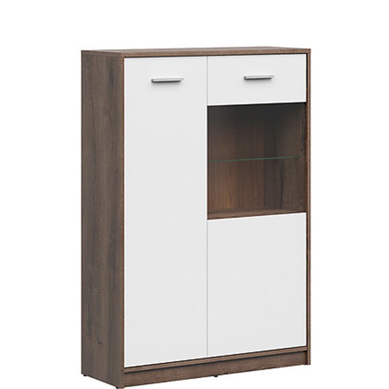 NEPO PLUS BRW REG1D1W/90 2 Door Glass Fronted Low BLACK RED WHITE Display Cabinet-Monastery Oak / White