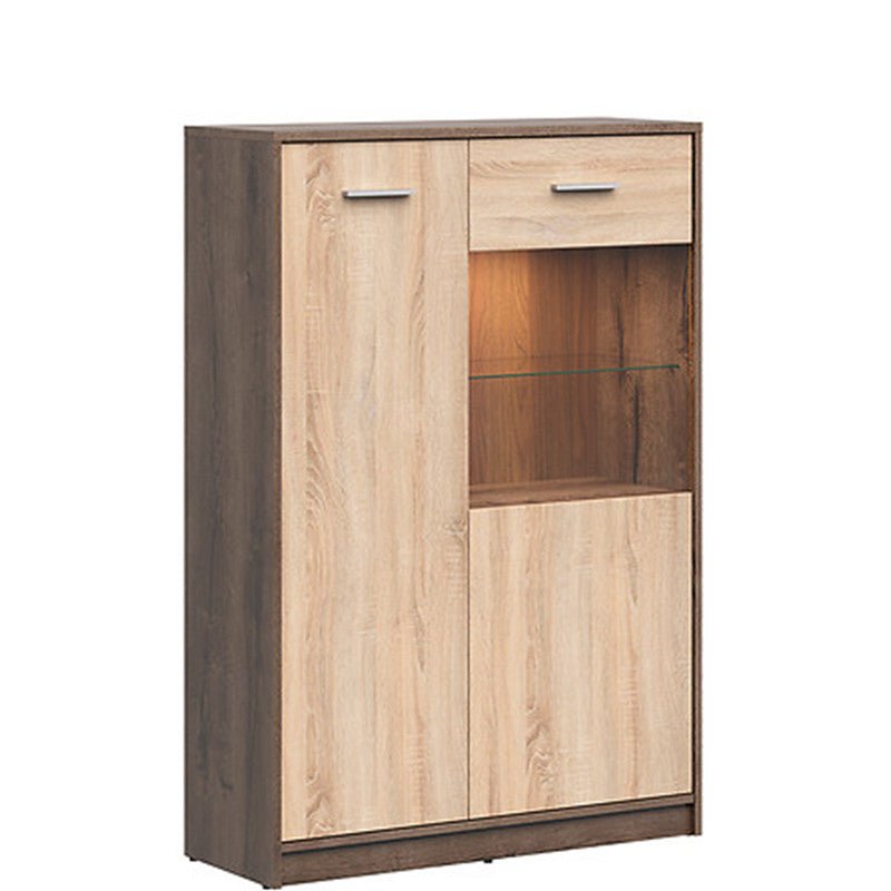 NEPO PLUS BRW REG1D1W/90+LED 2 Door Glass Fronted LED BLACK RED WHITE Display Cabinet-Monastery Oak / Sonoma Oak