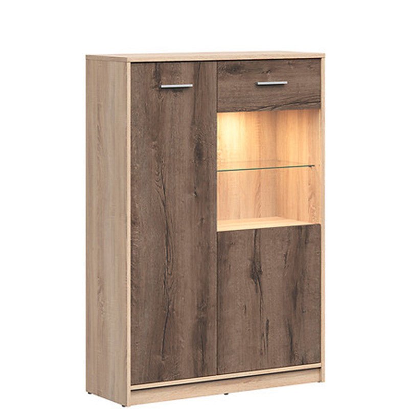 NEPO PLUS BRW REG1D1W/90+LED 2 Door Glass Fronted LED BLACK RED WHITE Display Cabinet-Sonoma Oak / Monastery Oak