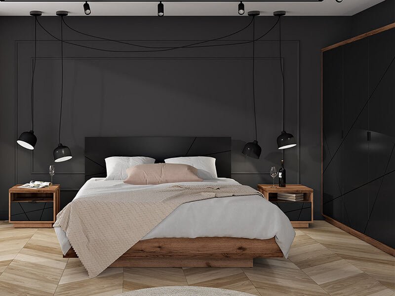 FORN BRW Bedroom BLACK RED WHITE Furniture Set-Dark Delano Oak / Black
