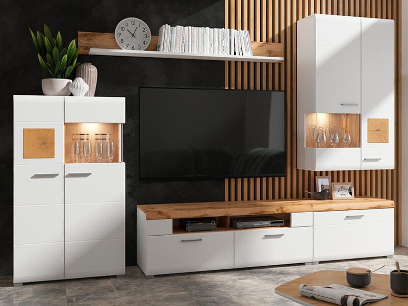 FUN PLUS BRW Living Room LED BLACK RED WHITE Furniture Set-White / Wotan Oak