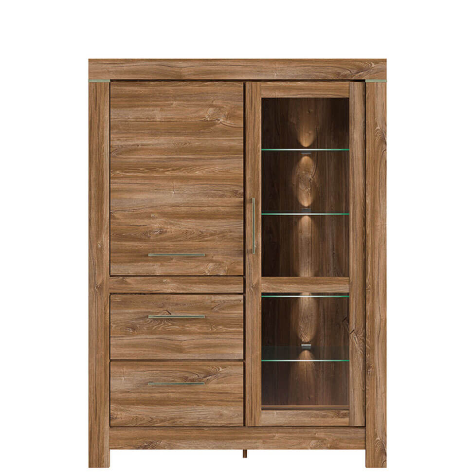 GENT BRW REG1W1D2S/16/12 2 Door 2 Drawer Glass Fronted BLACK RED WHITE Display Cabinet-Stirling Oak