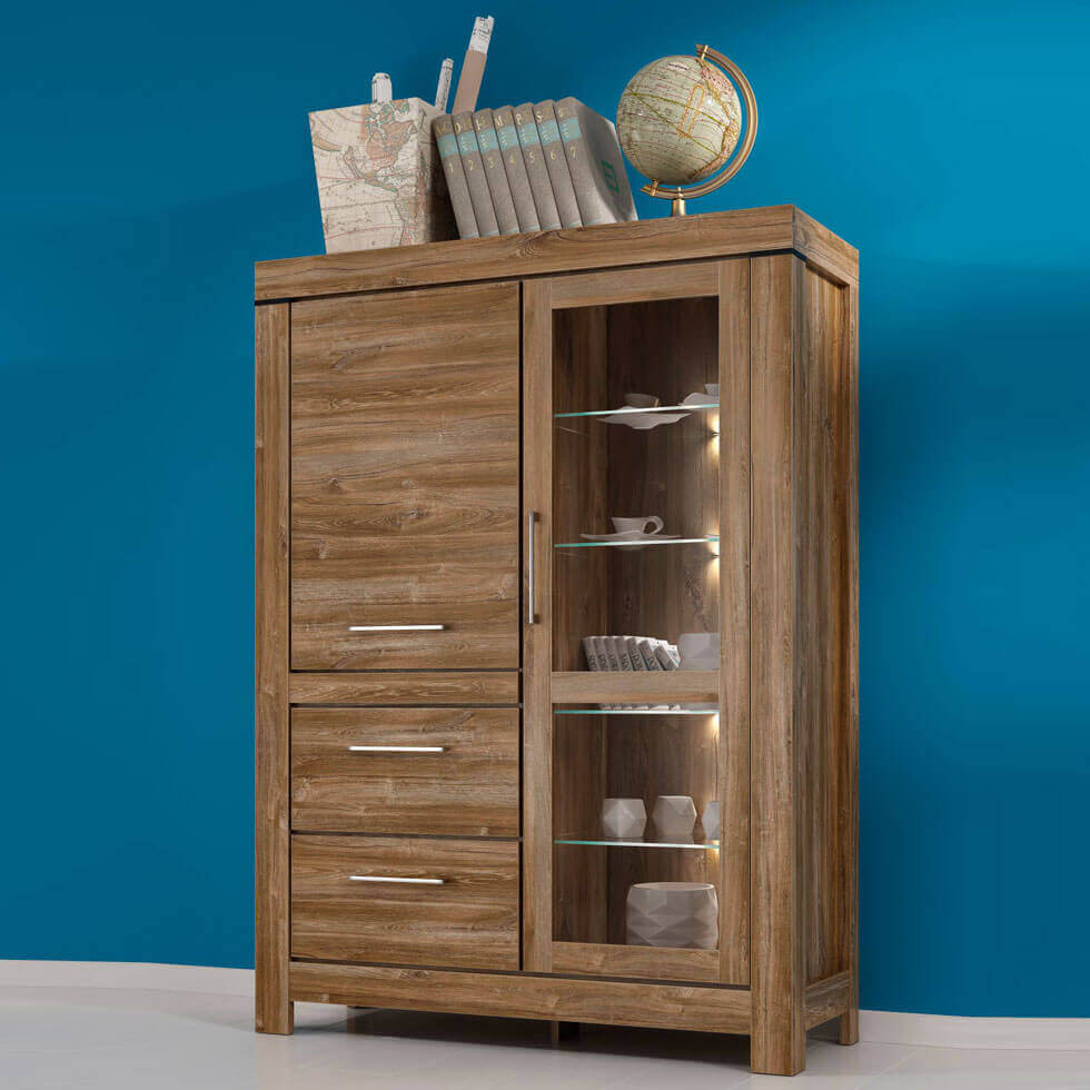 GENT BRW REG1W1D2S/16/12 2 Door 2 Drawer Glass Fronted BLACK RED WHITE Display Cabinet-Stirling Oak