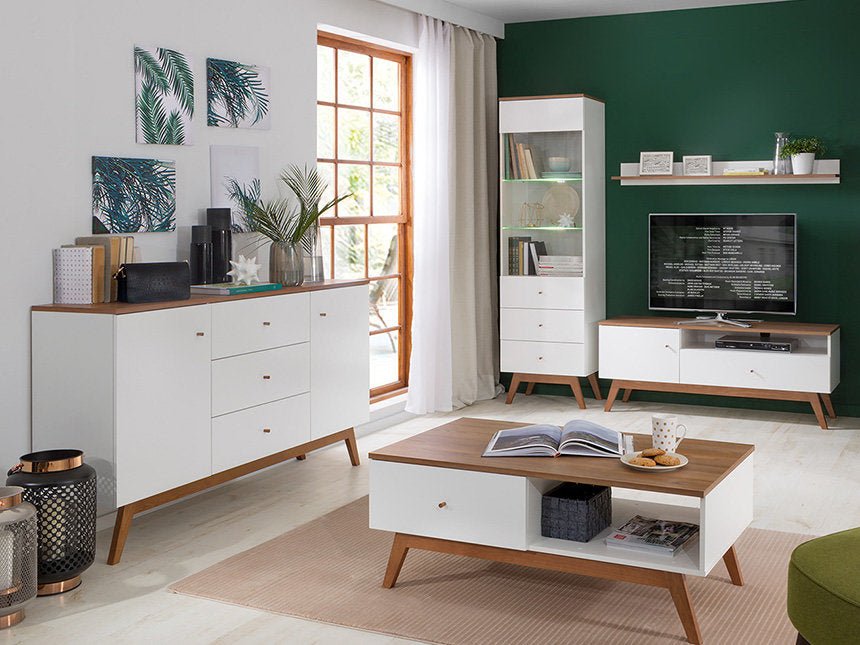 HEDA BRW Living Room High Gloss LED BLACK RED WHITE Furniture Set-White / Sibiu Gold Larch / White Gloss