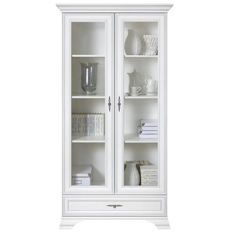 IDENTO BRW REG2W1S 1 Drawer 2 Door Glass Fronted BLACK RED WHITE Display Cabinet-White