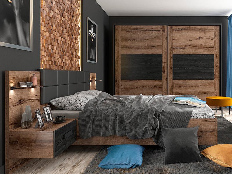 KASSEL BRW Bedroom LED BLACK RED WHITE Furniture Set-Monastery Oak / Black Oak