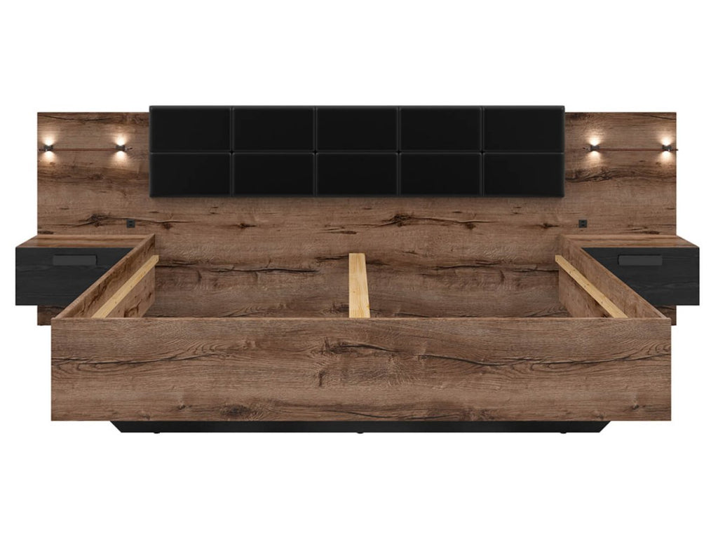 KASSEL BRW LOZ/180/A 2 Drawer Built-in Bedside LED BLACK RED WHITE Bed-Monastery Oak / Black Oak