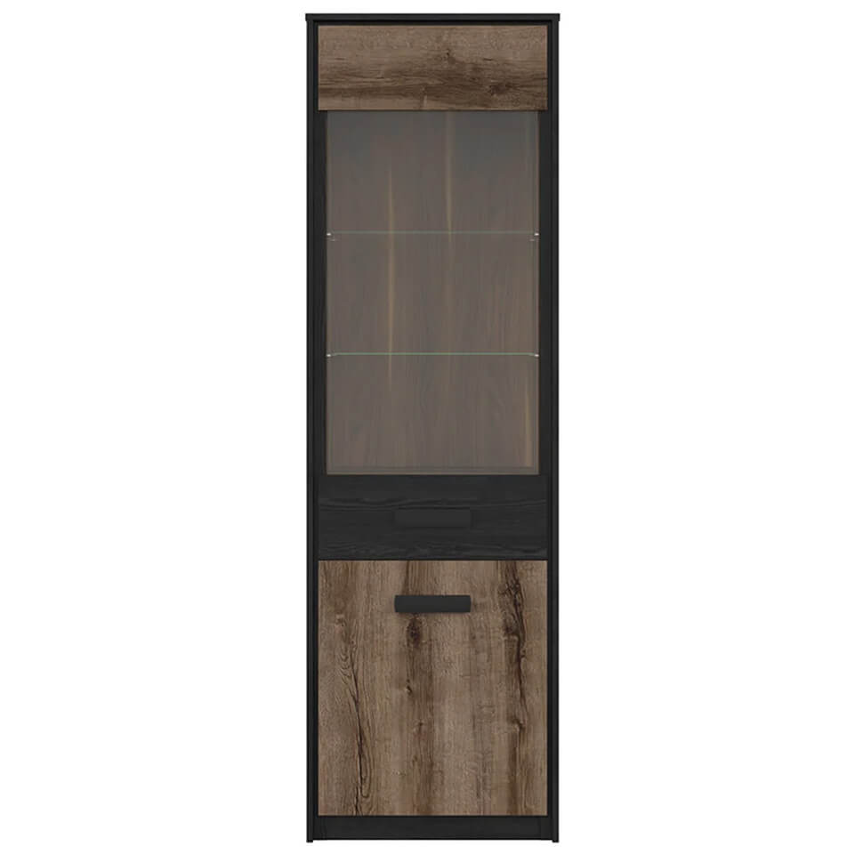 KASSEL BRW REG1D1W 2 Door Glass Fronted BLACK RED WHITE Display Cabinet-Monastery Oak / Black Oak