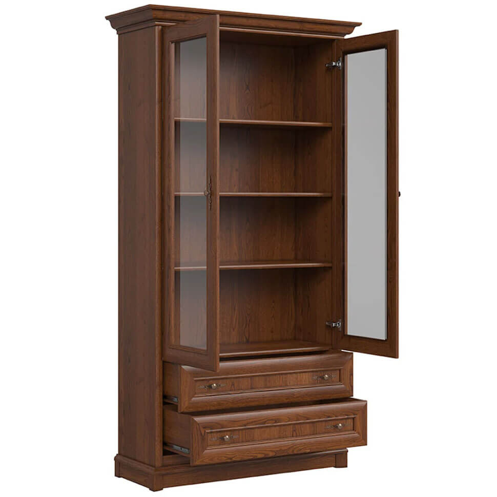KENT BRW EWIT2D2S 2 Door 2 Drawer Glass Fronted BLACK RED WHITE Display Cabinet-Chestnut