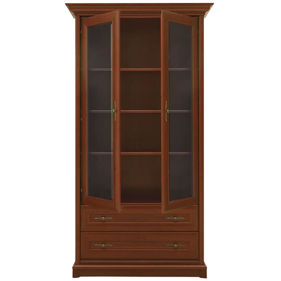 KENT BRW EWIT2D2S 2 Door 2 Drawer Glass Fronted BLACK RED WHITE Display Cabinet-Chestnut