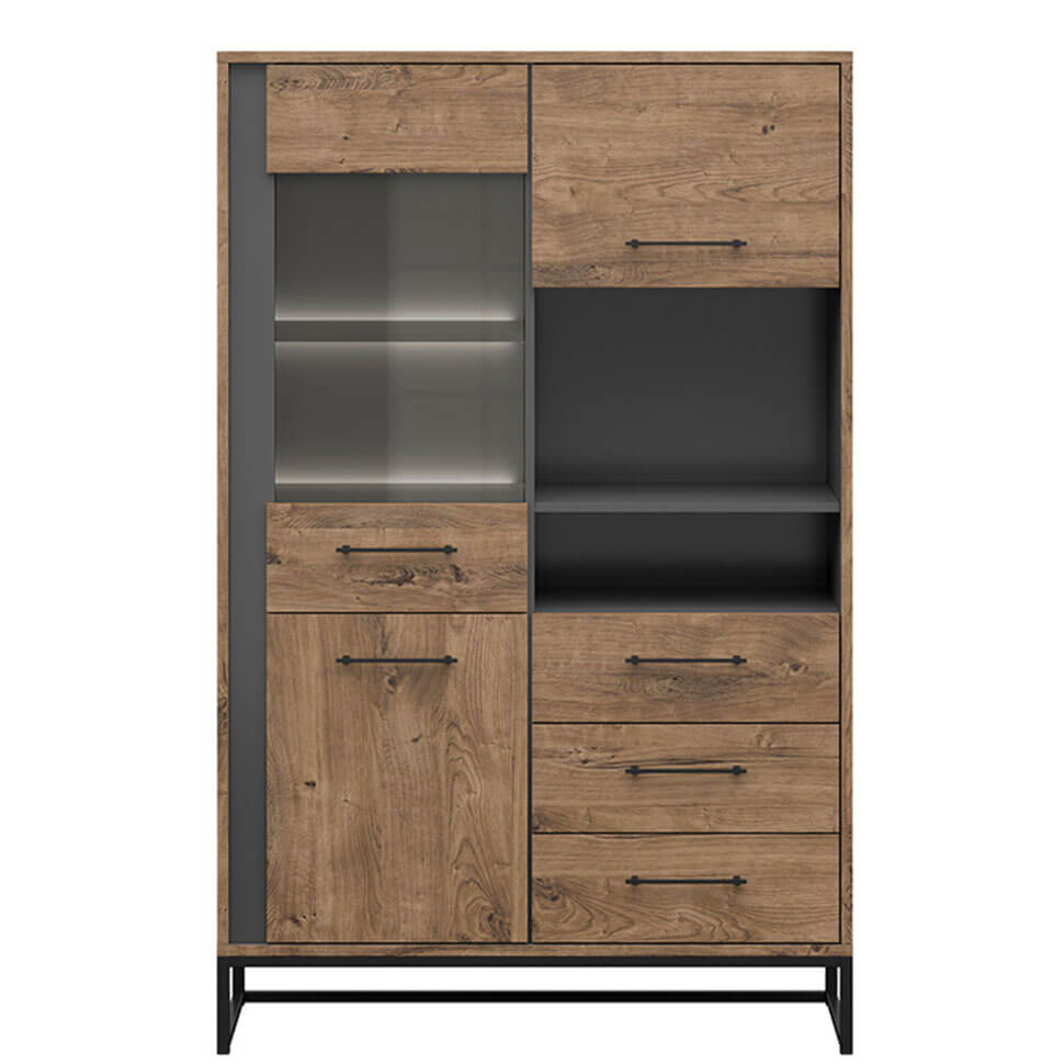 LUTON BRW REG2D1W3S 3 Door 3 Drawer Glass Fronted BLACK RED WHITE Display Cabinet-Brown Ribbeck Oak / Graphite