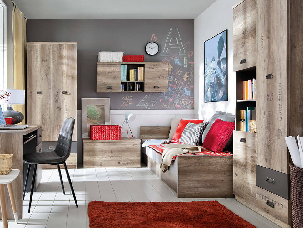 MALCOLM BRW Kids Room 2 BLACK RED WHITE Furniture Set-Canyon Monument Oak / Grey Wolfram
