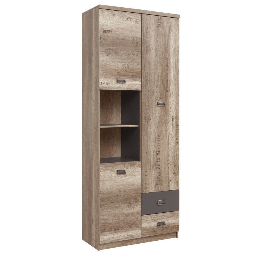 MALCOLM BRW REG3D2S 2 Drawer 3 Door BLACK RED WHITE Bookcase-Canyon Monument Oak / Grey Wolfram