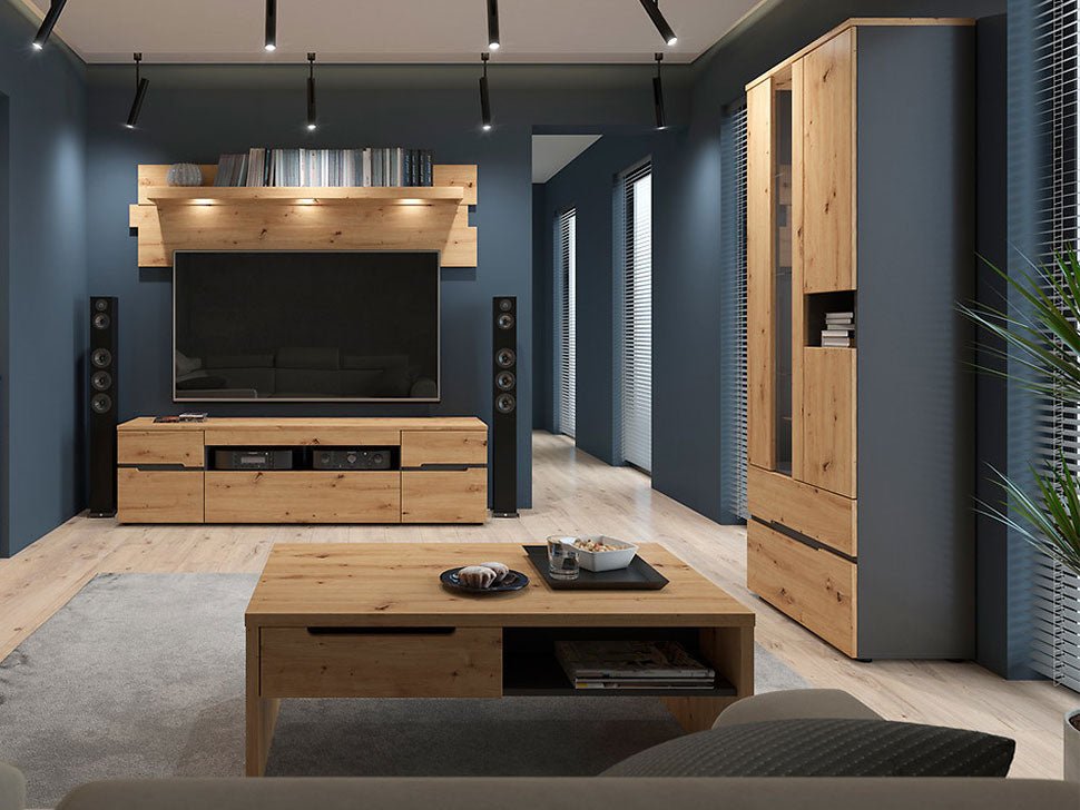 MEMPHIS BRW Living Room LED BLACK RED WHITE Furniture Set-Graphite / Artisan Oak