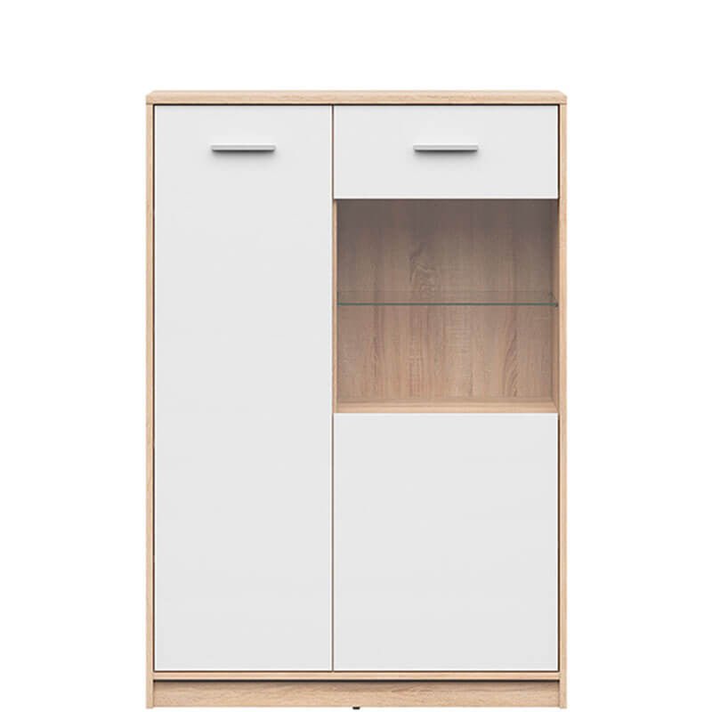 NEPO PLUS BRW REG1D1W/90 2 Door Glass Fronted Low BLACK RED WHITE Display Cabinet-Sonoma Oak / White