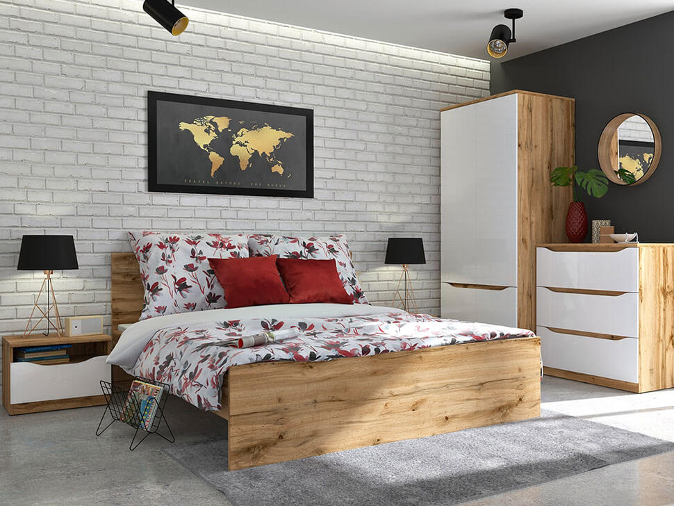 NUIS BRW Bedroom High Gloss BLACK RED WHITE Furniture Set-Wotan Oak / White Gloss