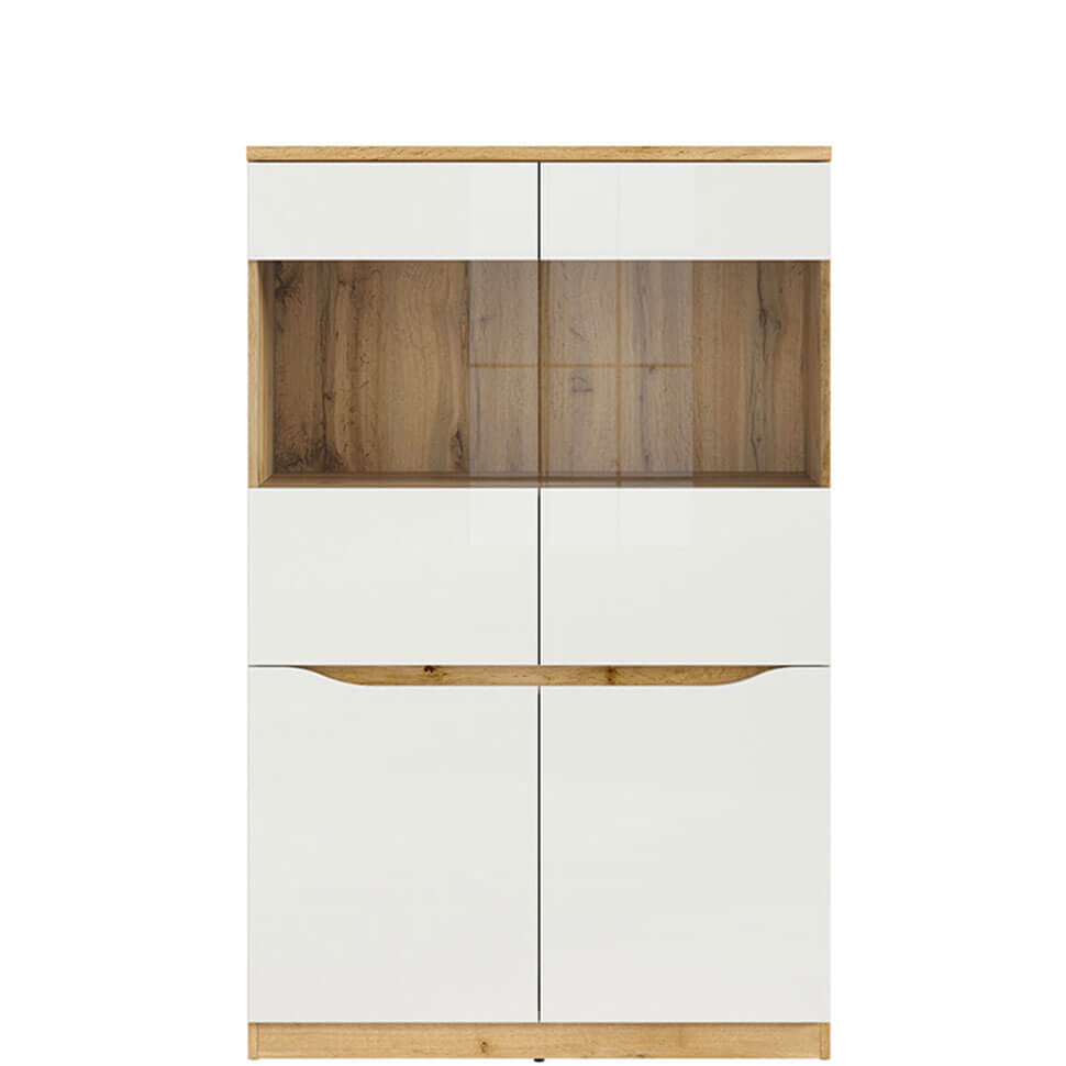 NUIS BRW REG2D2W 4 Door Glass Fronted High Gloss BLACK RED WHITE Display Cabinet-Wotan Oak / White Gloss