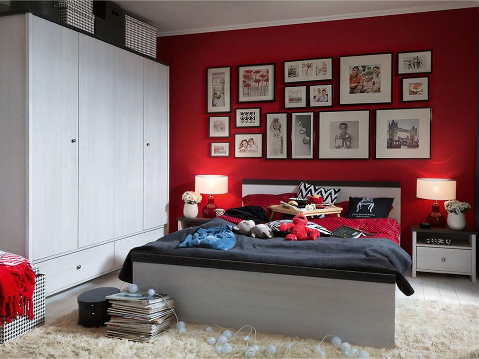 PORTO BRW Bedroom BLACK RED WHITE Furniture Set-Sibiu Light Larch / Larico Pine