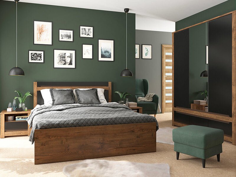 RUSO BRW Bedroom High Gloss BLACK RED WHITE Furniture Set-April Oak / Black