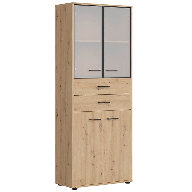 SPACE OFFICE BRW REG2D2W2S/200 2 Drawer 4 Door Glass Fronted BLACK RED WHITE Display Cabinet-Artisan Oak