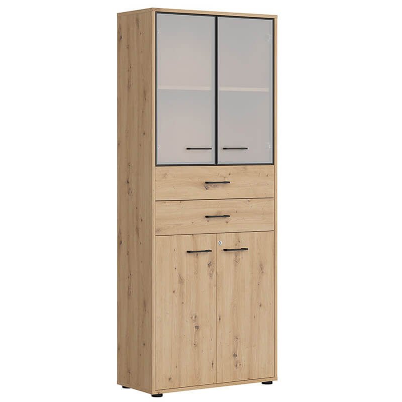 SPACE OFFICE BRW REG2D2W2S/200/Z 2 Drawer 4 Door Glass Fronted BLACK RED WHITE Display Cabinet-Artisan Oak